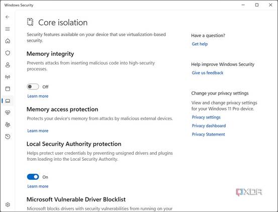 Memory Integrity and other options under Core Isolation