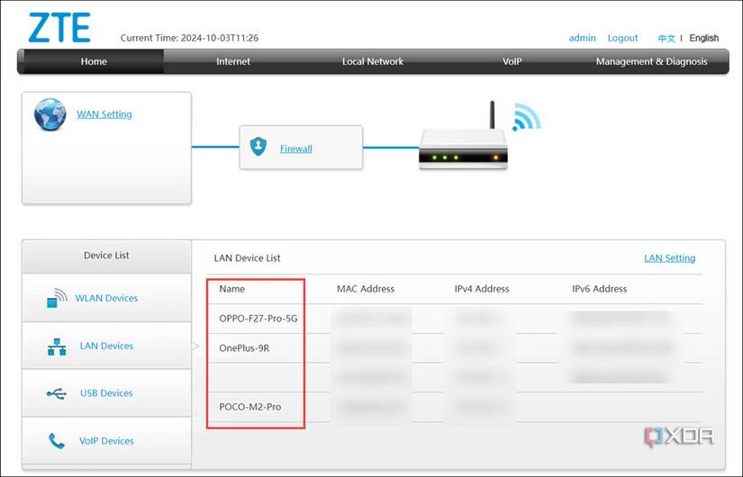 Screenshot of the devices list connected to the Wi-Fi