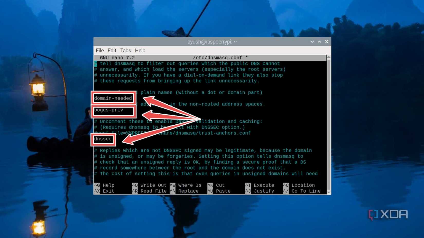 Removing the # before the domain-needed, bogus-priv, and dnssec terms
