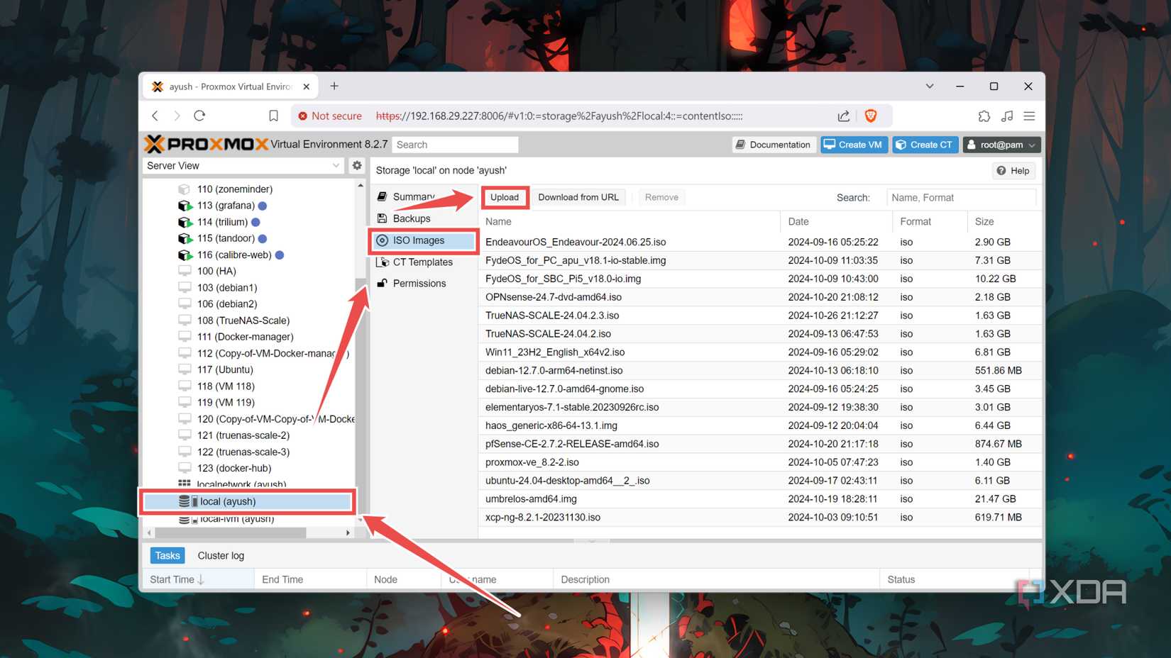 The Upload button in the ISO images tab of Proxmox