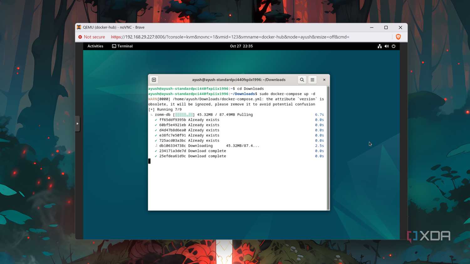 Running the docker-compose up command to deploy a RomM instance