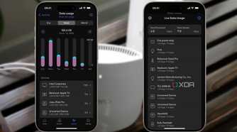 screenshots of eero bandwidth monitoring pages over a blurred router