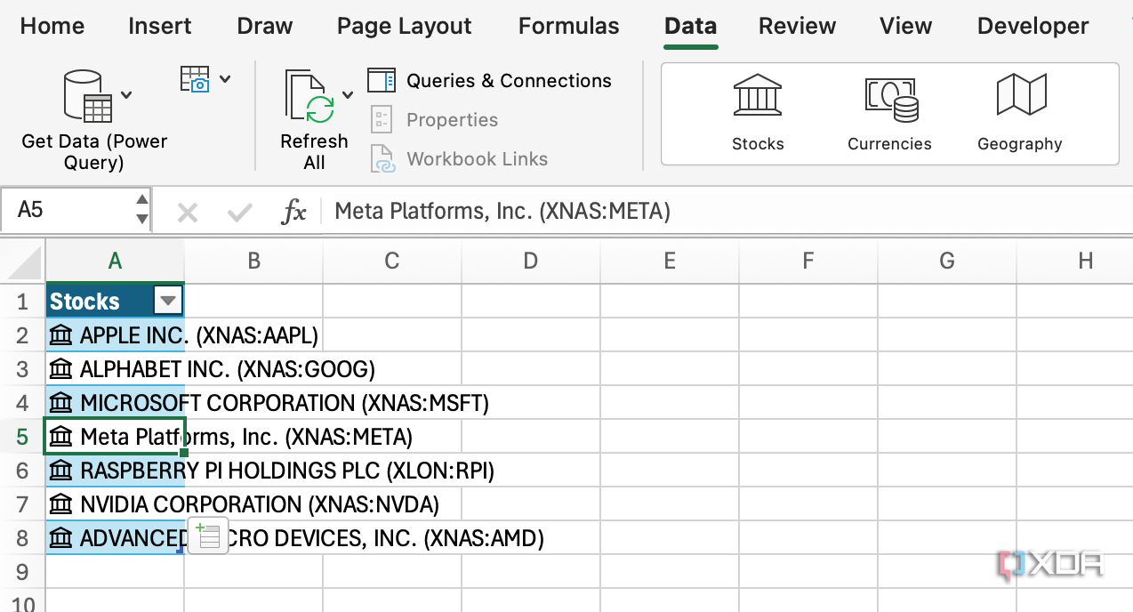 Excel detects correct stock symbols