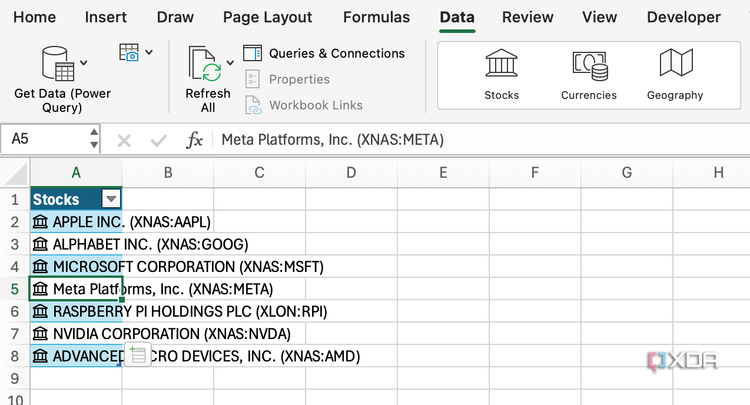 Excel detects correct stock symbols