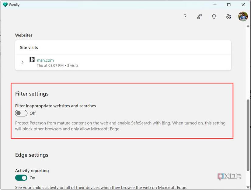 Turning on filter for inappropriate website and searches