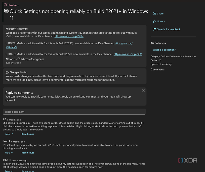 Screenshot fo a bug report in Feedback Hub