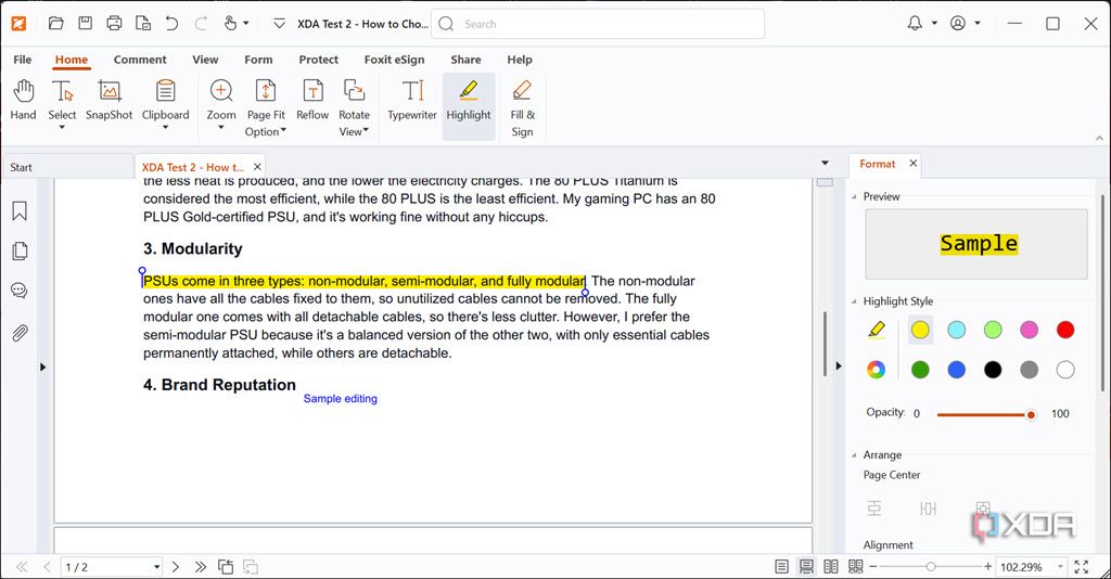 Foxit PDF reader highlight text feature