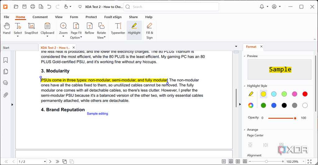 Foxit PDF reader highlight text feature