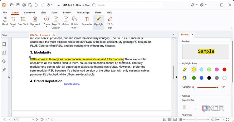 Foxit PDF reader highlight text feature