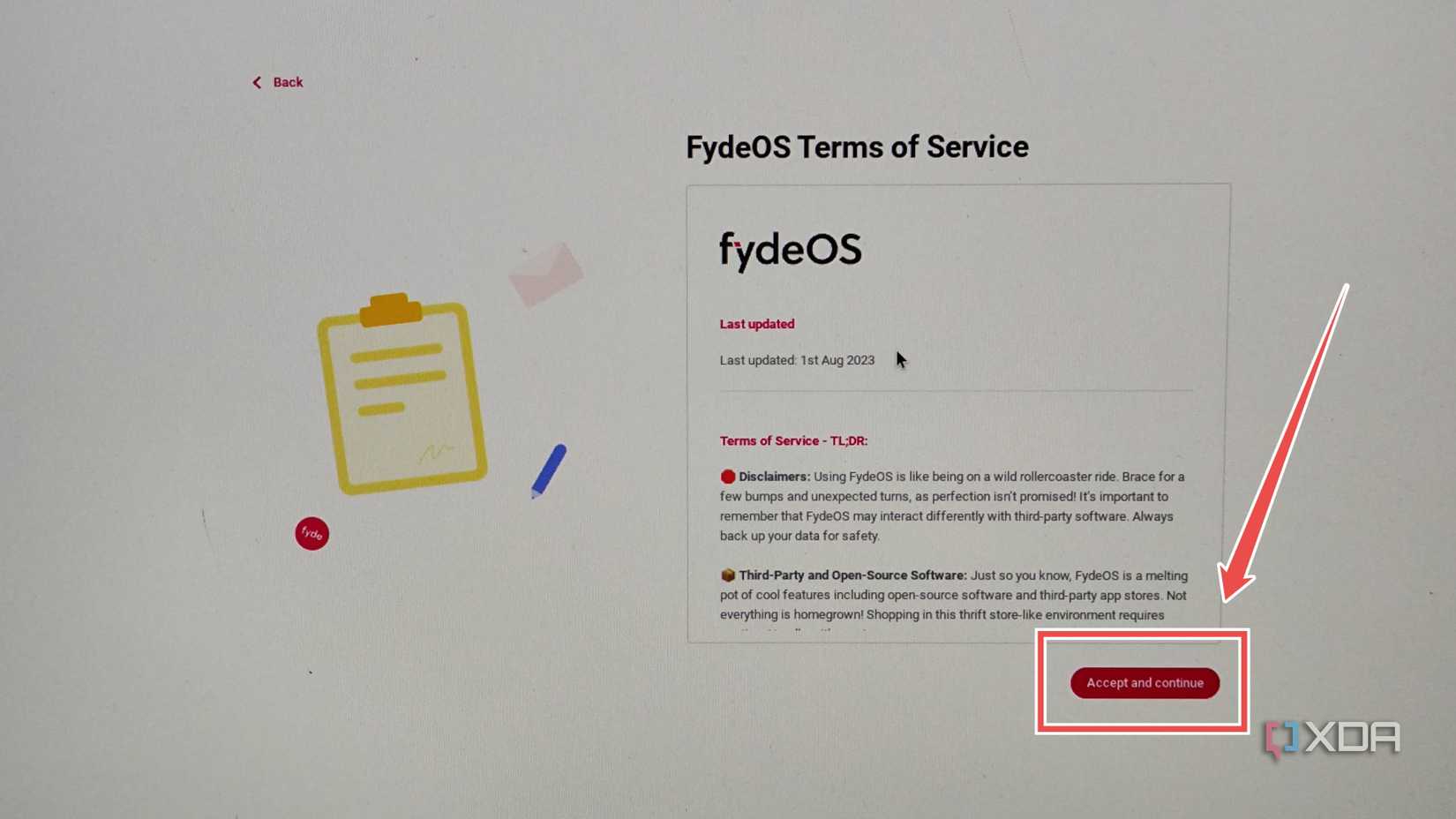Pressing Accept and continue at the Terms of Service screen