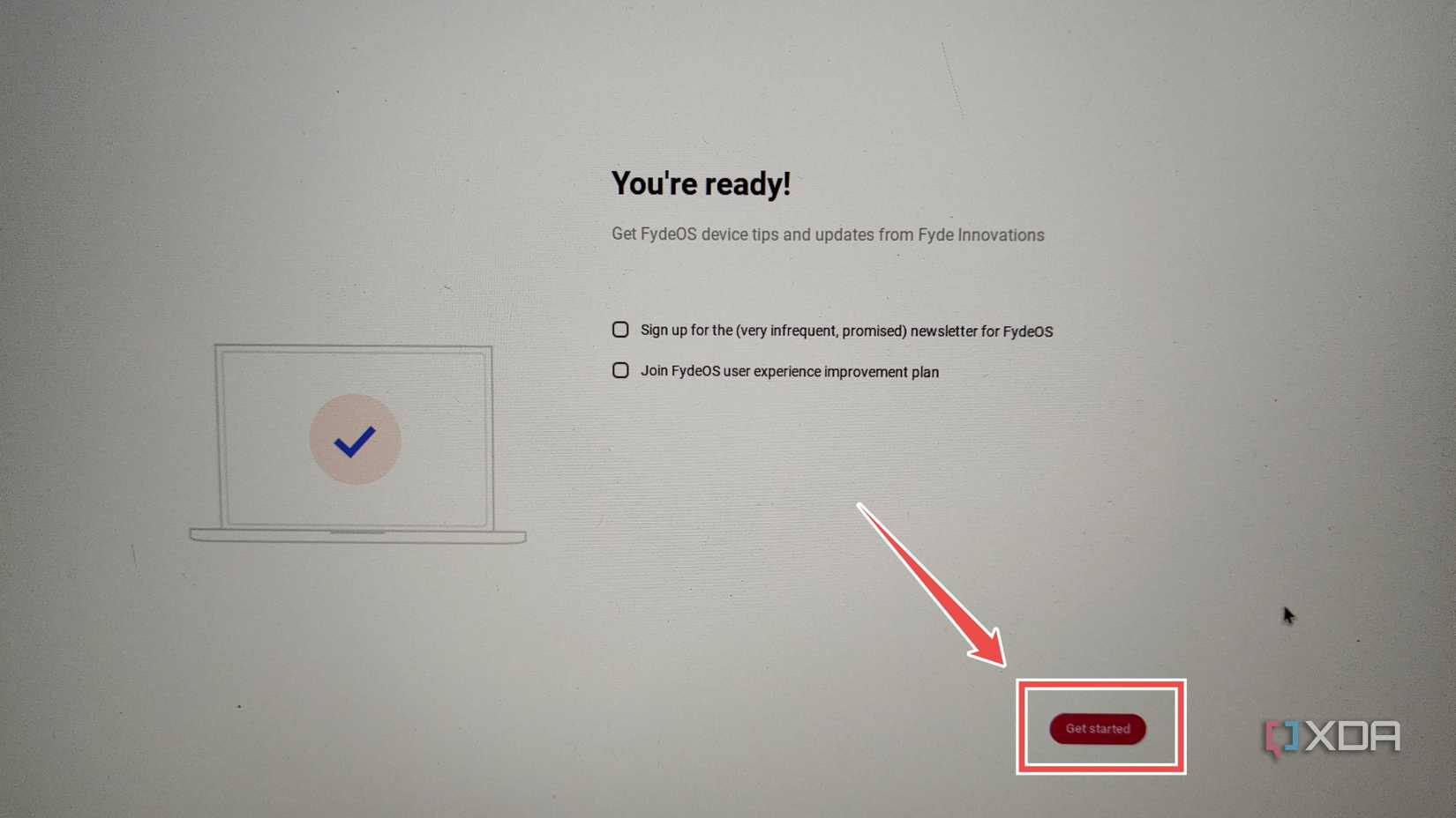 Pressing Get Started on the FydeOS installation screen