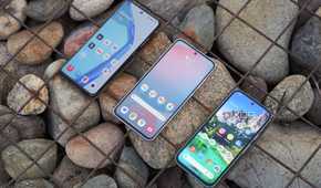The Samsung Galaxy S24 FE, OnePlus 12R, and the Pixel 8a side by side with large stones in the background