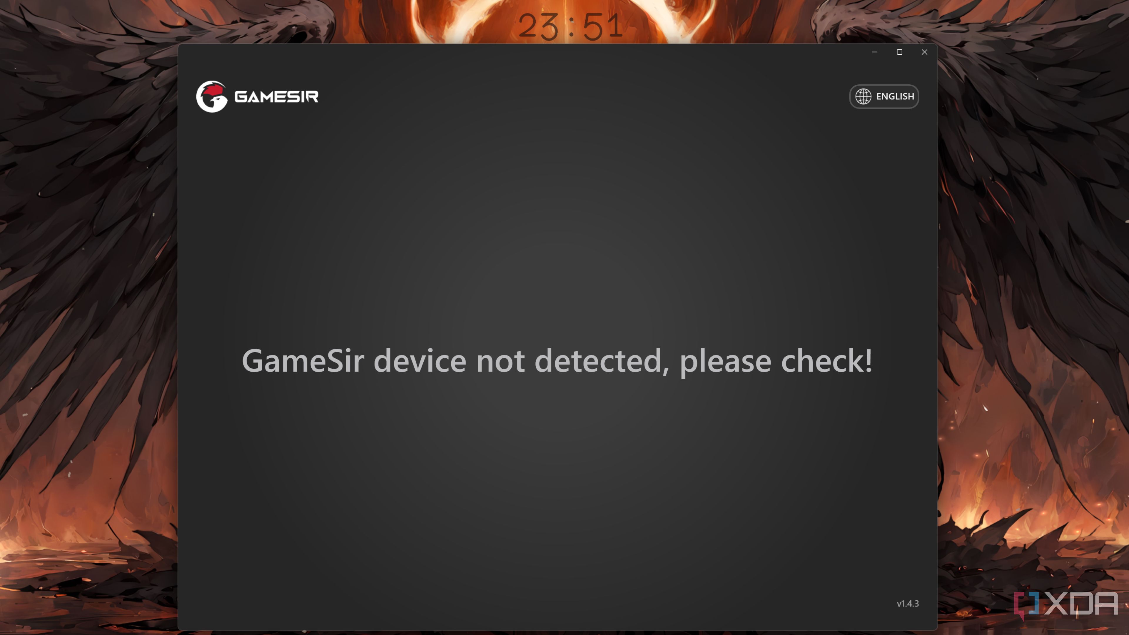 A screenshot of the GameSir Nexus app failing to detect the Tarantula Pro