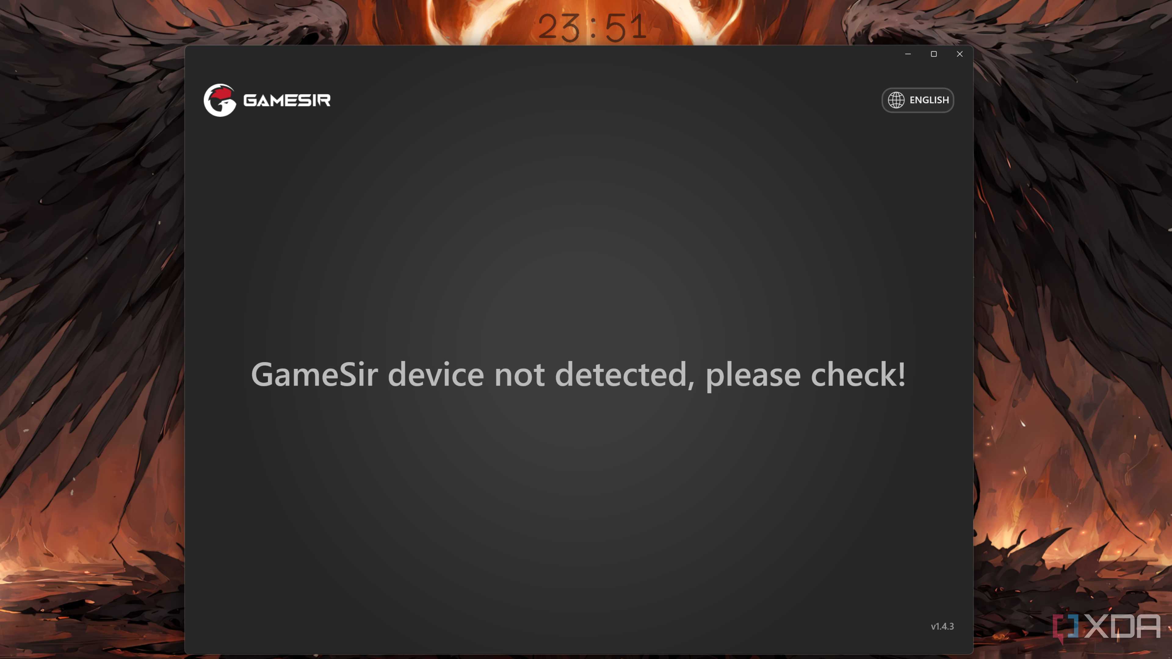 A screenshot of the GameSir Nexus app failing to detect the Tarantula Pro