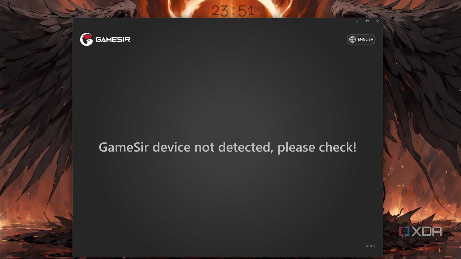 A screenshot of the GameSir Nexus app failing to detect the Tarantula Pro