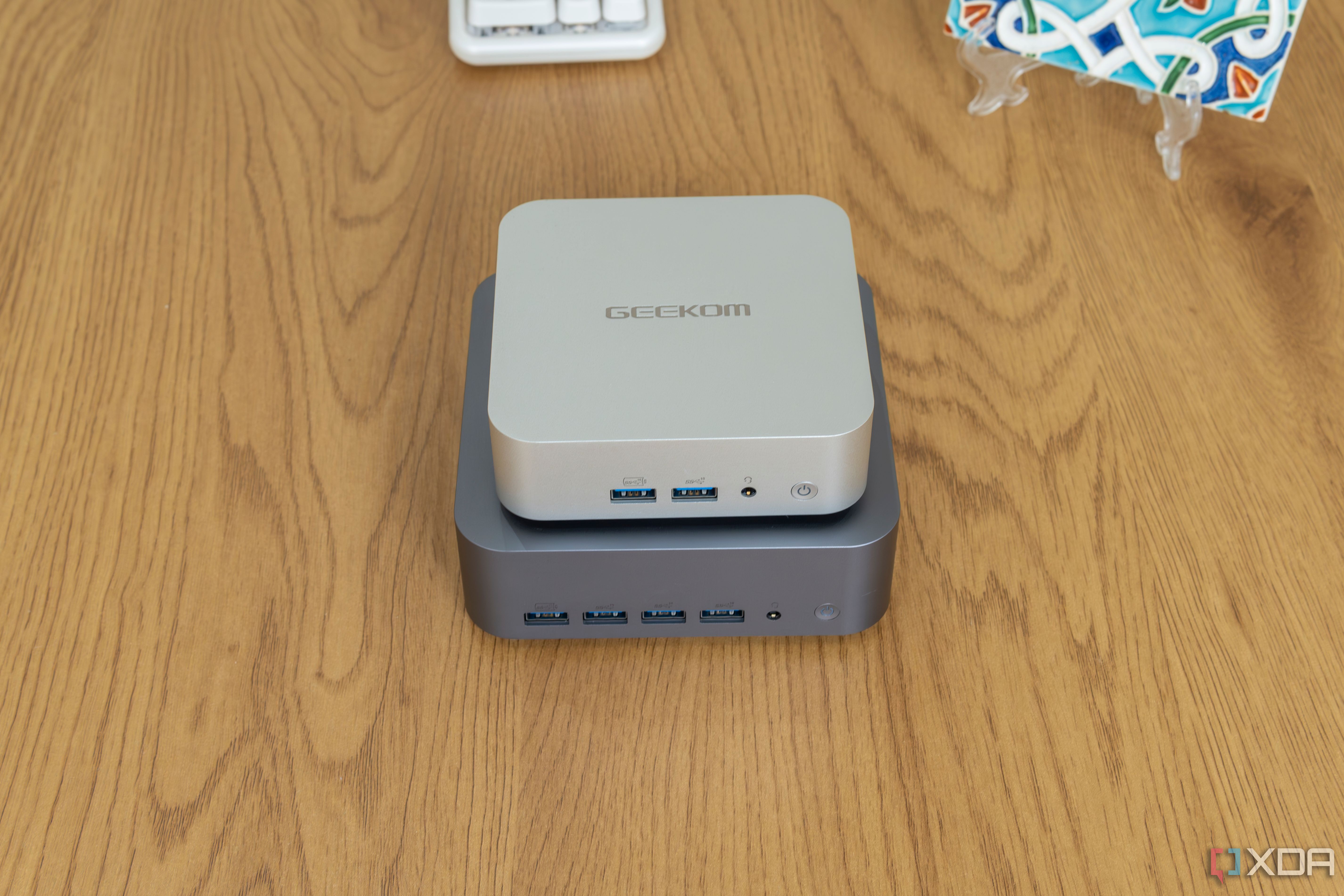 Front view of the Geekom GT1 Mega with the Geekom A8 stacked on top of it