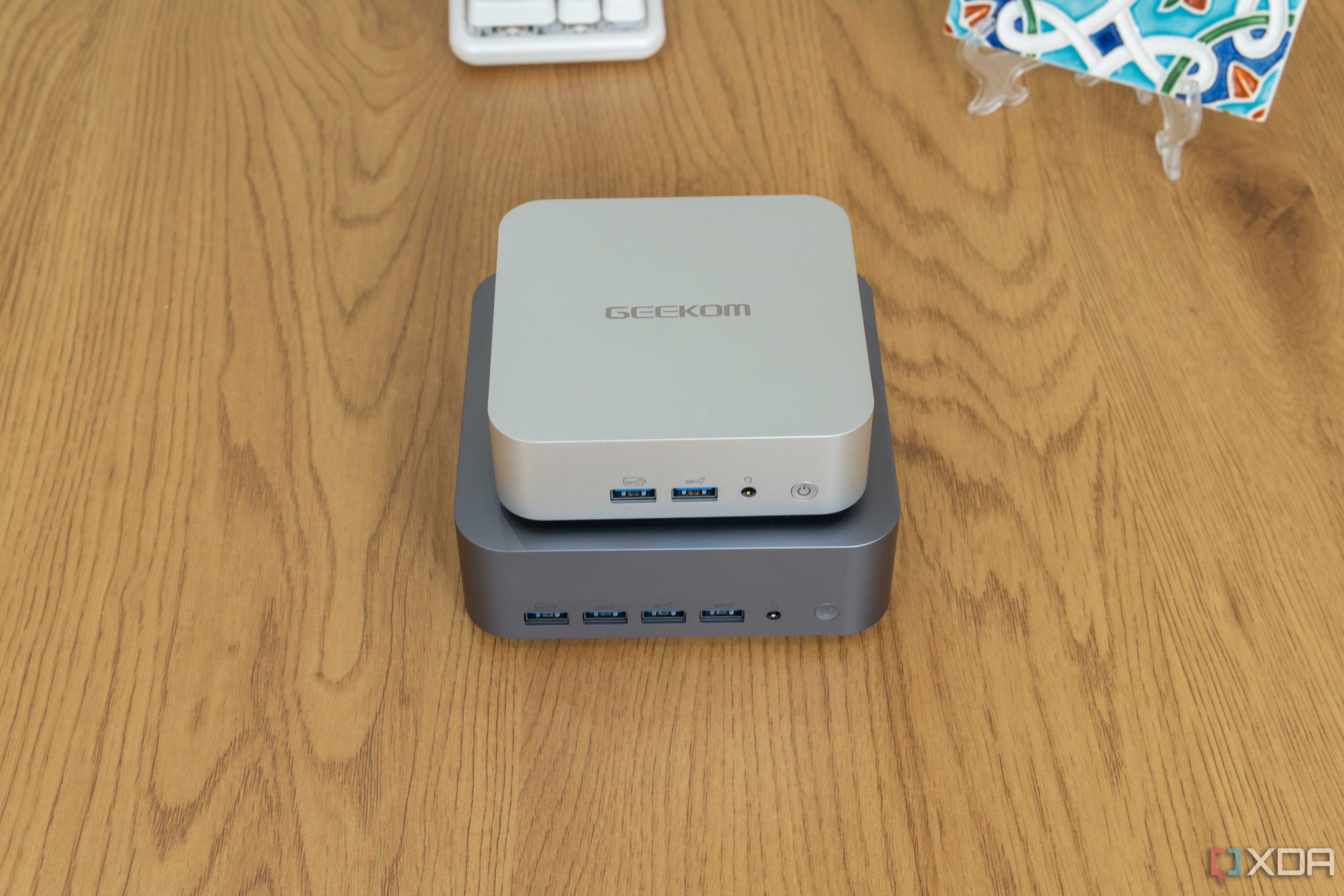 Front view of the Geekom GT1 Mega with the Geekom A8 stacked on top of it
