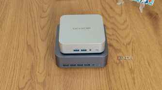 Front view of the Geekom GT1 Mega with the Geekom A8 stacked on top of it