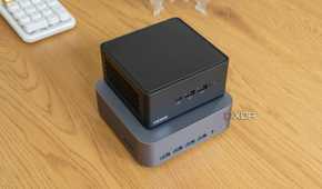 Angled view of the Geekom GT1 Mega with the Asus NUC 14 Pro stacked on top of it