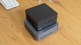 Angled view of the Geekom GT1 Mega with the Asus NUC 14 Pro stacked on top of it