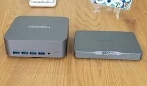 Front view of the Geekom GT1 Mega next to the Khadas Mind