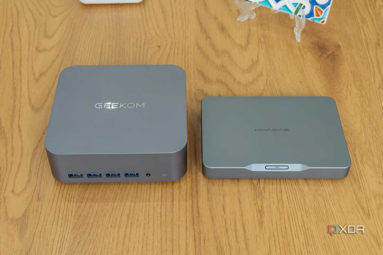 Overhead front view of the Geekom GT1 Mega next to the Khadas Mind
