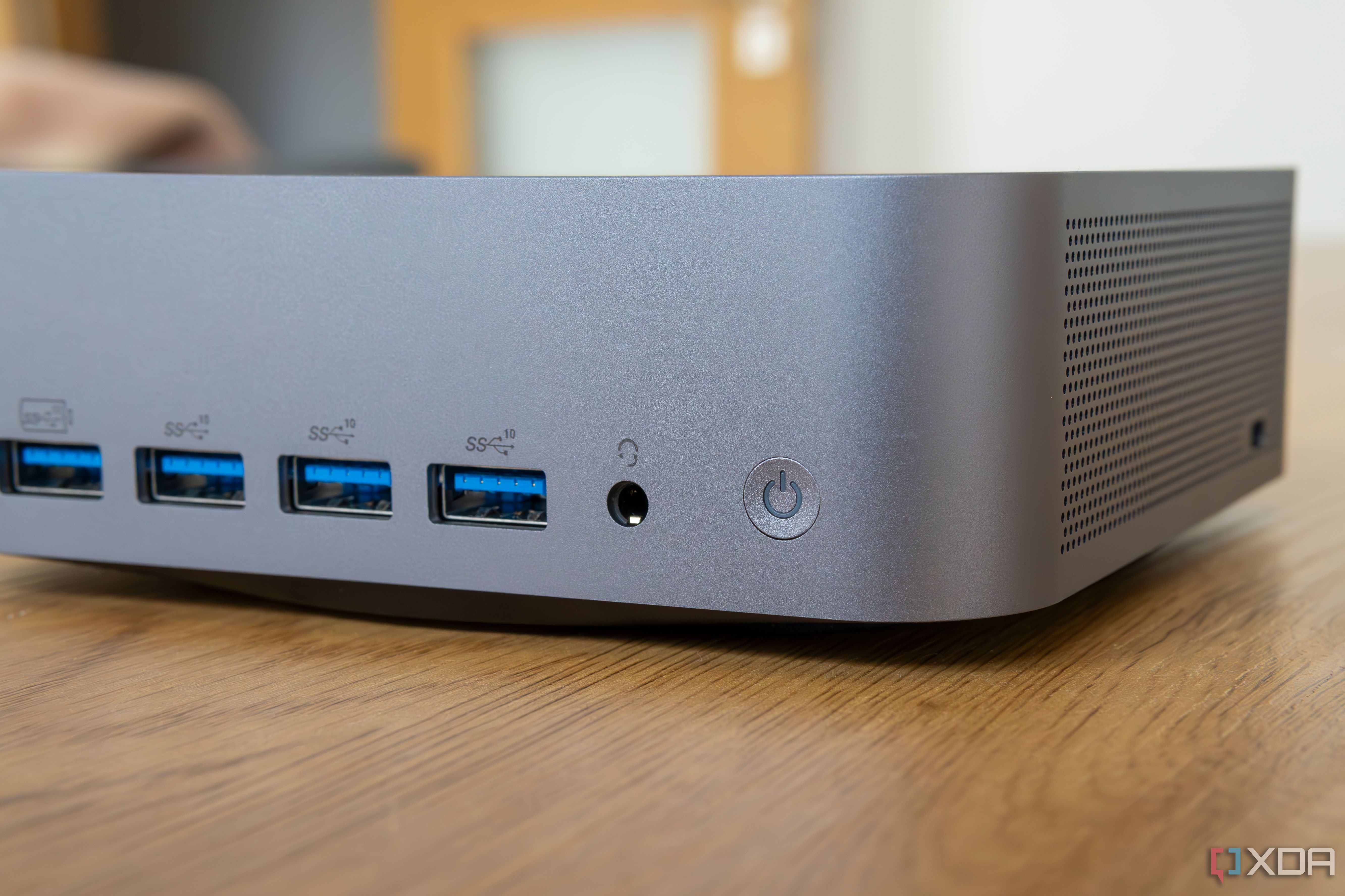Close-up view of the Geekom GT1 Mega's front ports