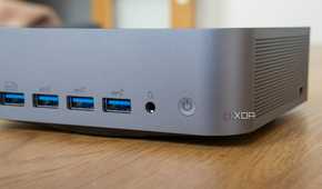 Close-up view of the Geekom GT1 Mega's front ports