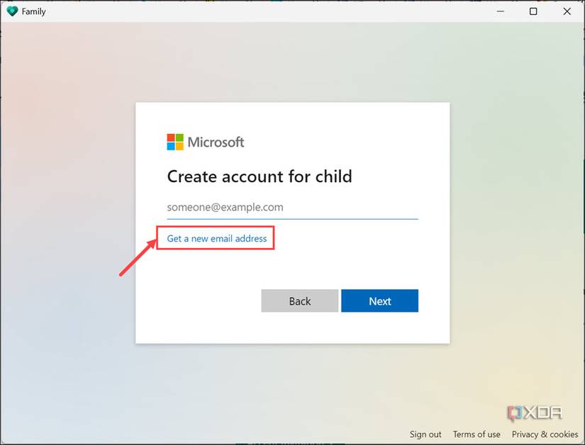 Get a new email address option Family app