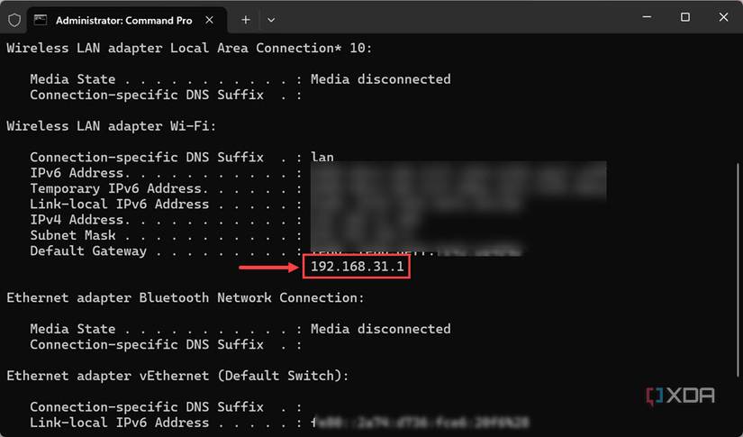 Screenshot of router's IP address
