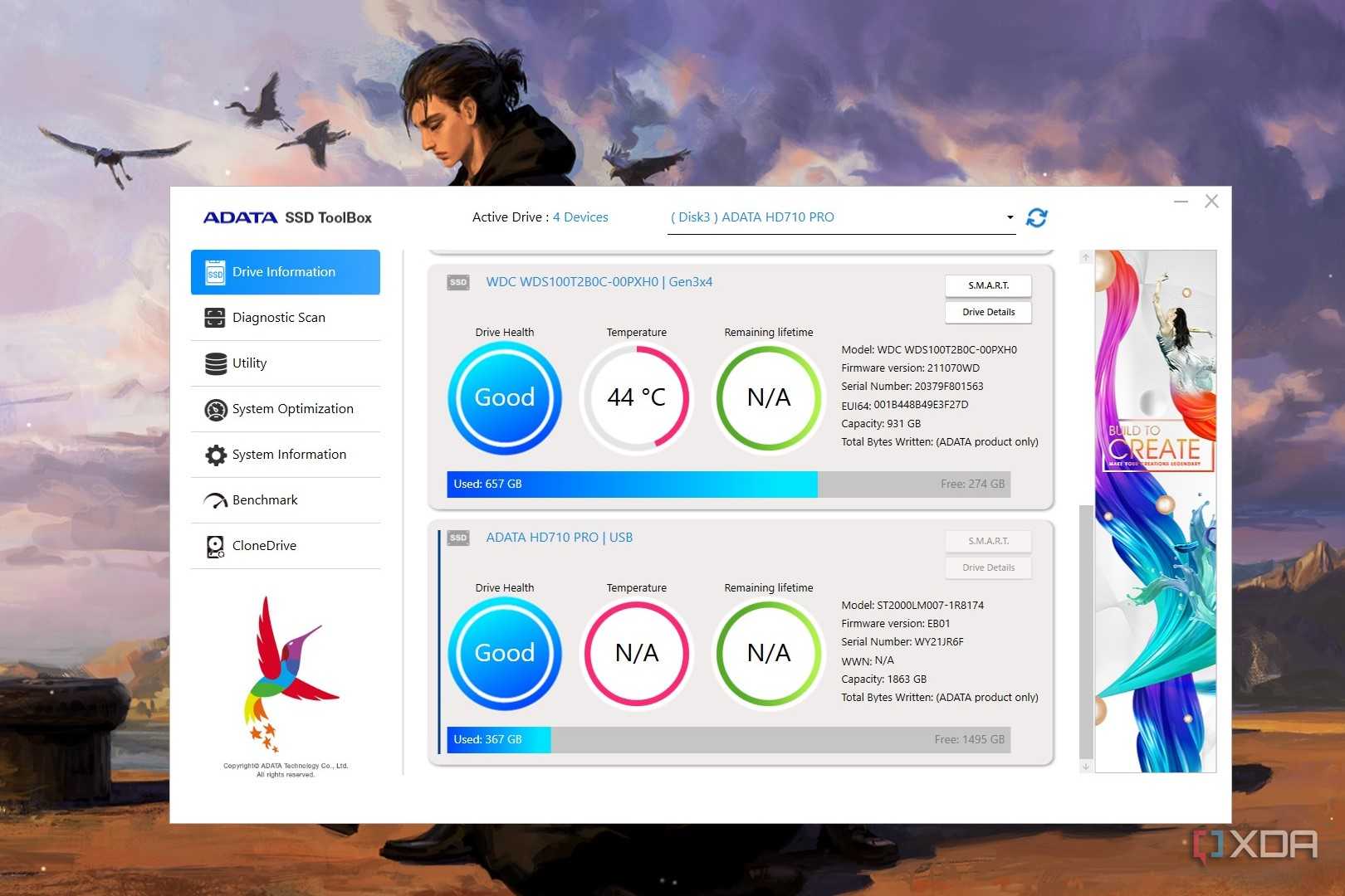 Screenshot of Windows desktop showing Adata SSD Toolbox program