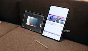 Photoshop running on an iPad Pro (left) vs Photoshop Express running on a Galaxy Tab S10+ (right).