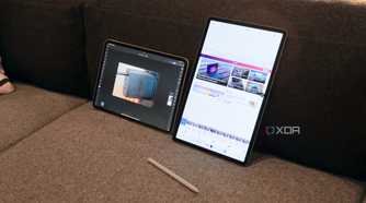 Photoshop running on an iPad Pro (left) vs Photoshop Express running on a Galaxy Tab S10+ (right).