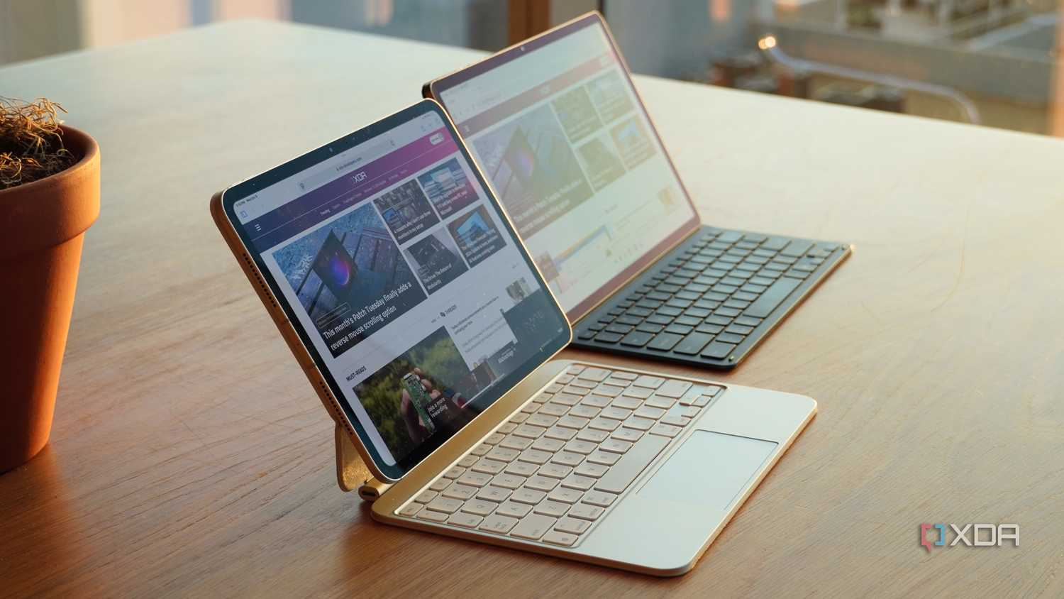 An angled view of the iPad Pro M4 beside the Galaxy Tab S10 Plus.