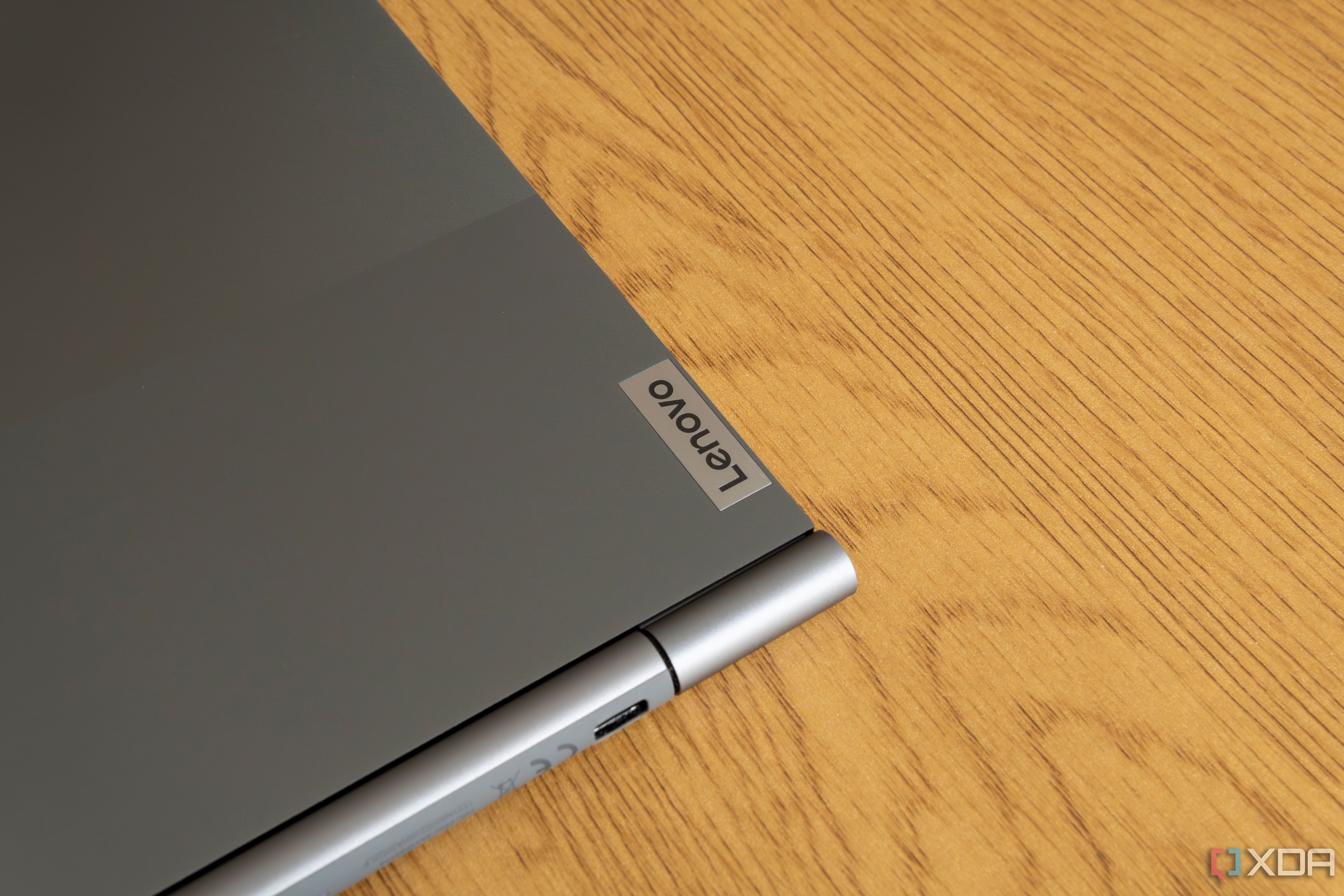 Close-up view of the Lenovo logo on the lid of the Lenovo ThinkBook Plus Gen 5 Hybrid