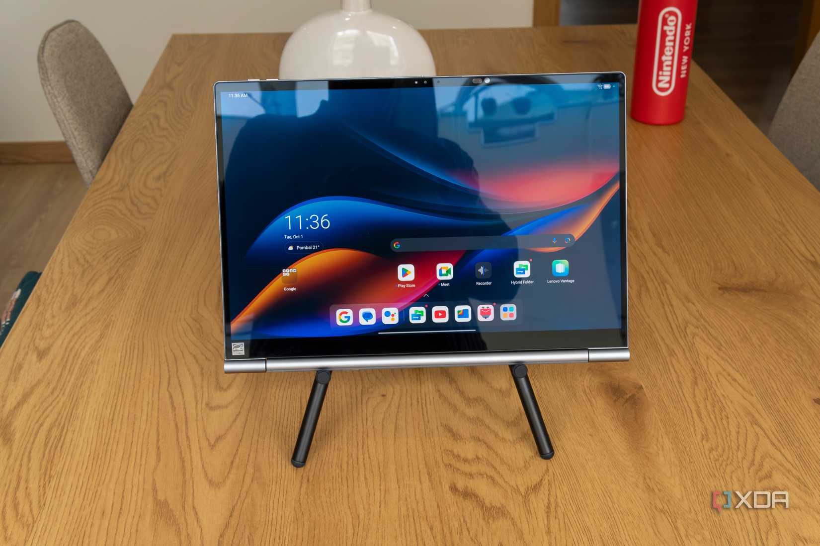 Front view of the Lenovo ThinkBook Plus Gen 5 Hybrid Tab on the included stand