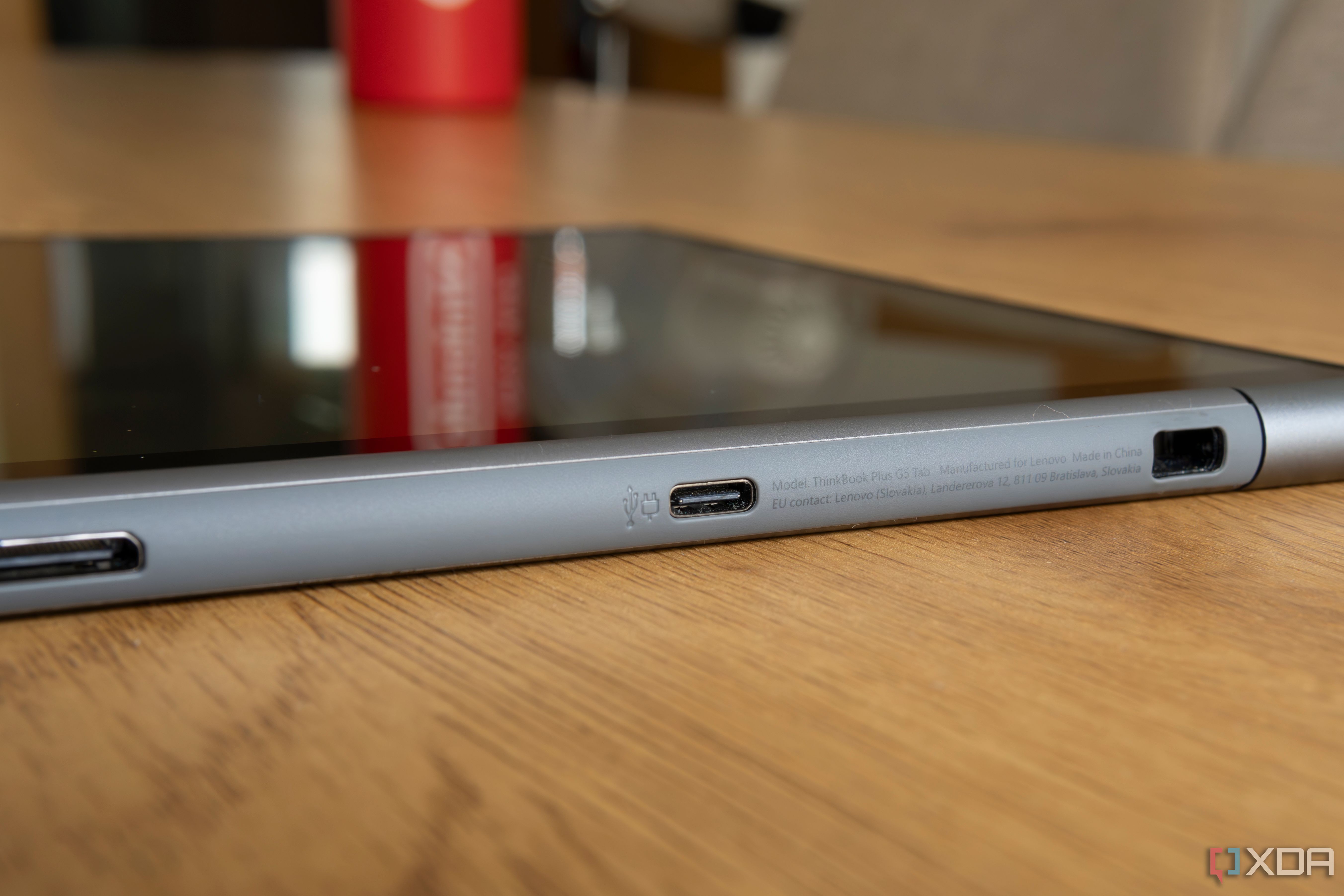 Close-up view of the USB-C port on the Lenovo ThinkBook Plus Gen 5 Hybrid Tab