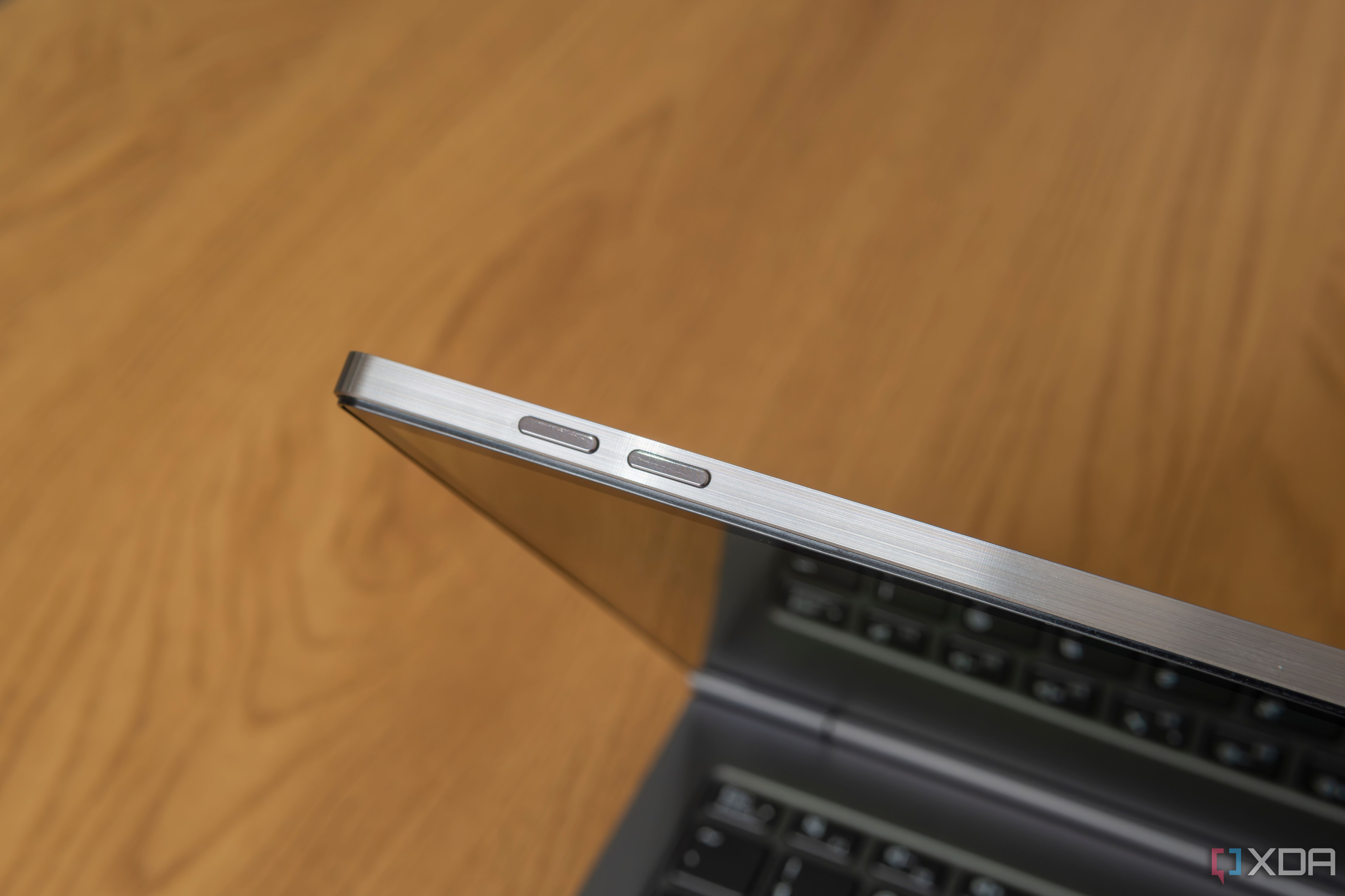 Close-up view of the volume buttons on the Lenovo ThinkBook Plus Gen 5 Hybrid Tab