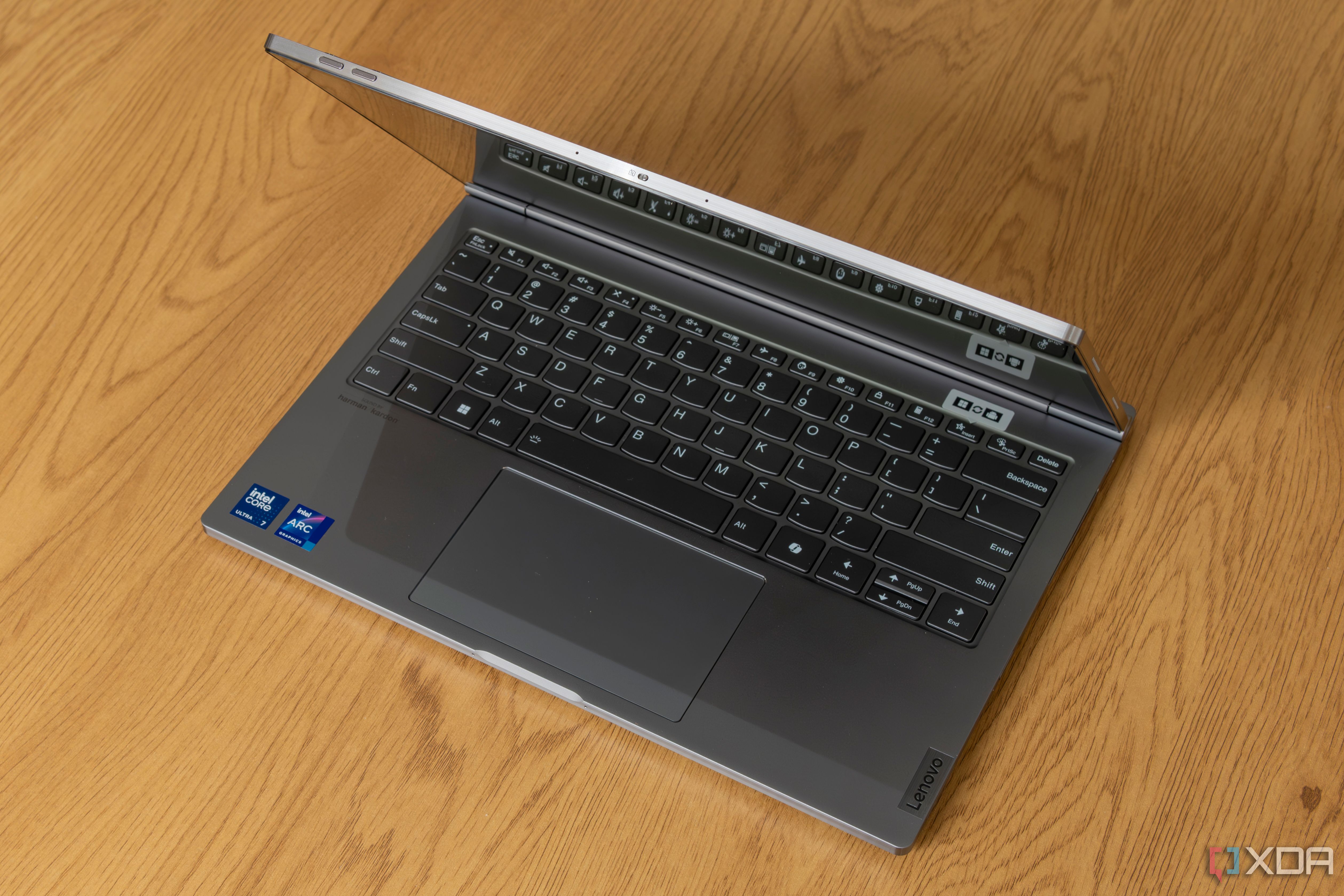 Bird's eye view of Lenovo ThinkBook Plus Gen 5 Hybrid with the lid open at roughly 70 degrees