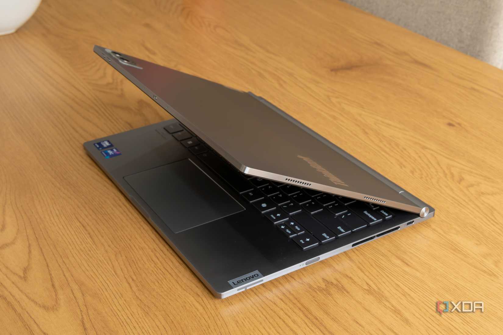Angled view of the Lenovo ThinkBook Plus Gen 5 with the lid open at about 30 degrees