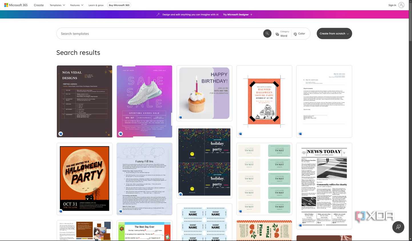 Screenshot of templates for Microsoft Word on the web