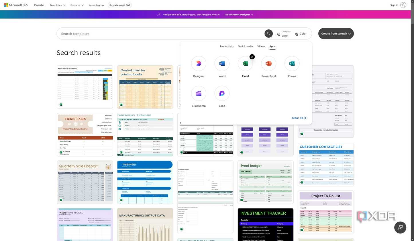 Screenshot of templates for Microsoft Word on the web with a flyout showing different types of filters to choose from