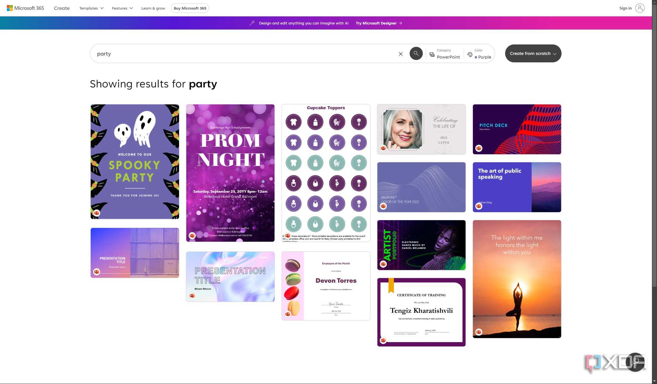 Screenshot of templates for Microsoft PowerPoint on the web with search results filtered for the word "party"