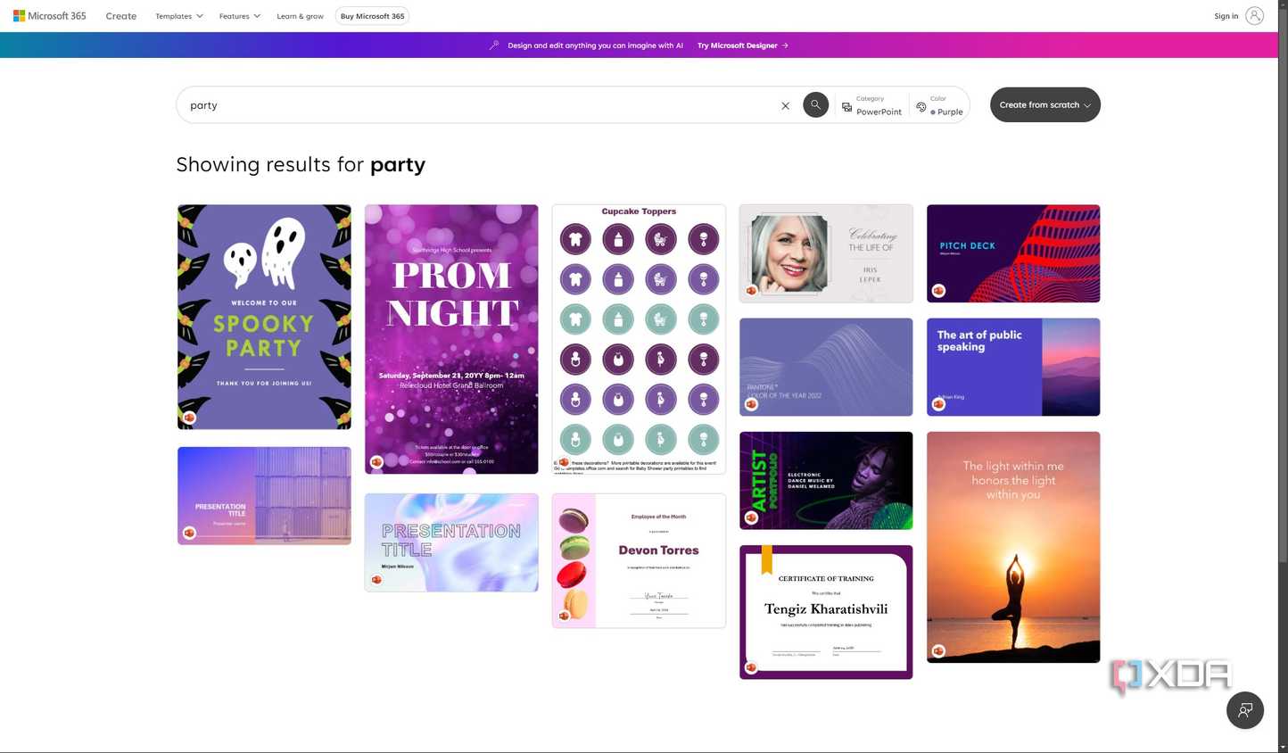 Screenshot of templates for Microsoft PowerPoint on the web with search results filtered for the word "party"