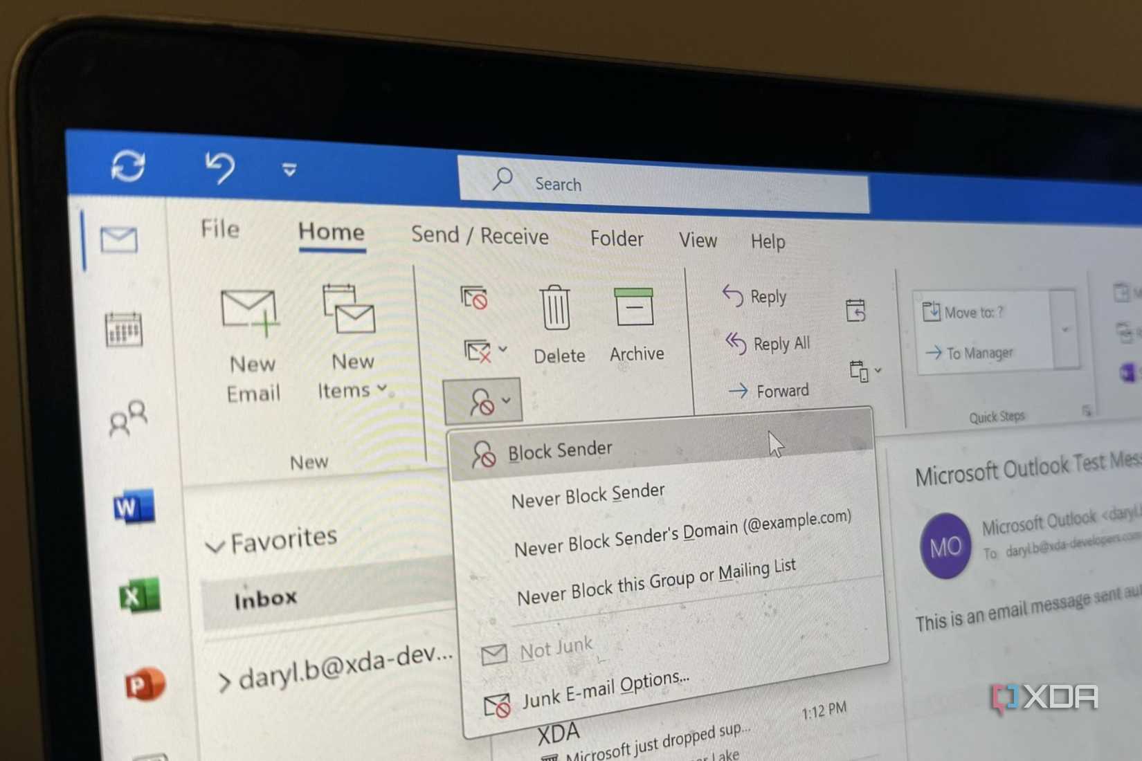 Block email feature being shown on the Microsoft Outlook app