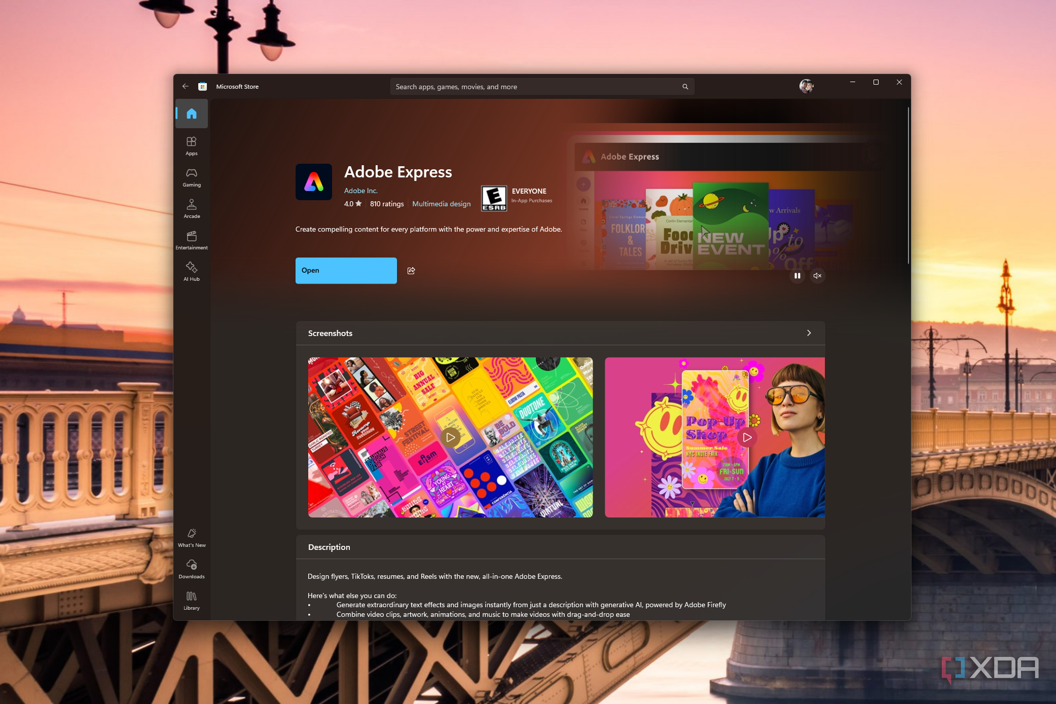 Screenshot of the Adobe Express page on the Microsoft Store after installing it via winget