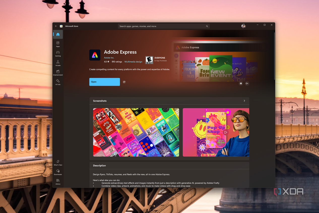 Screenshot of the Adobe Express page on the Microsoft Store after installing it via winget
