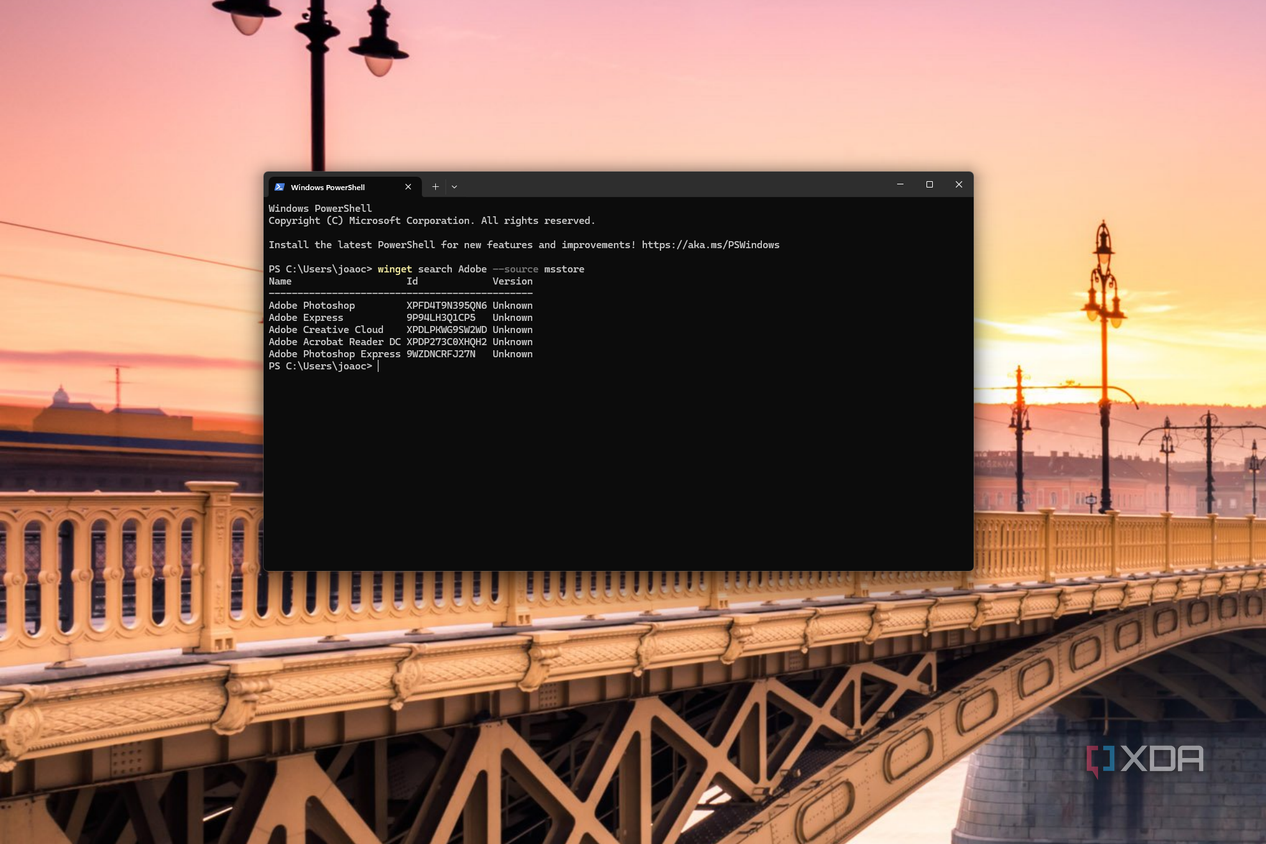 Screenshot of Windows Terminal showing search results for Adobe on the Microsoft Store