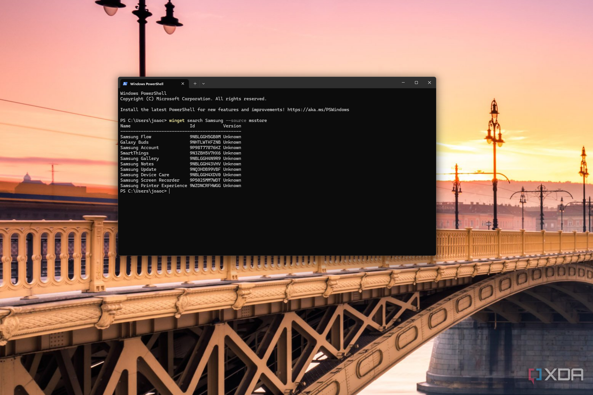 Screenshot of Windows Terminal showing search results for Samsung on the Microsoft Store