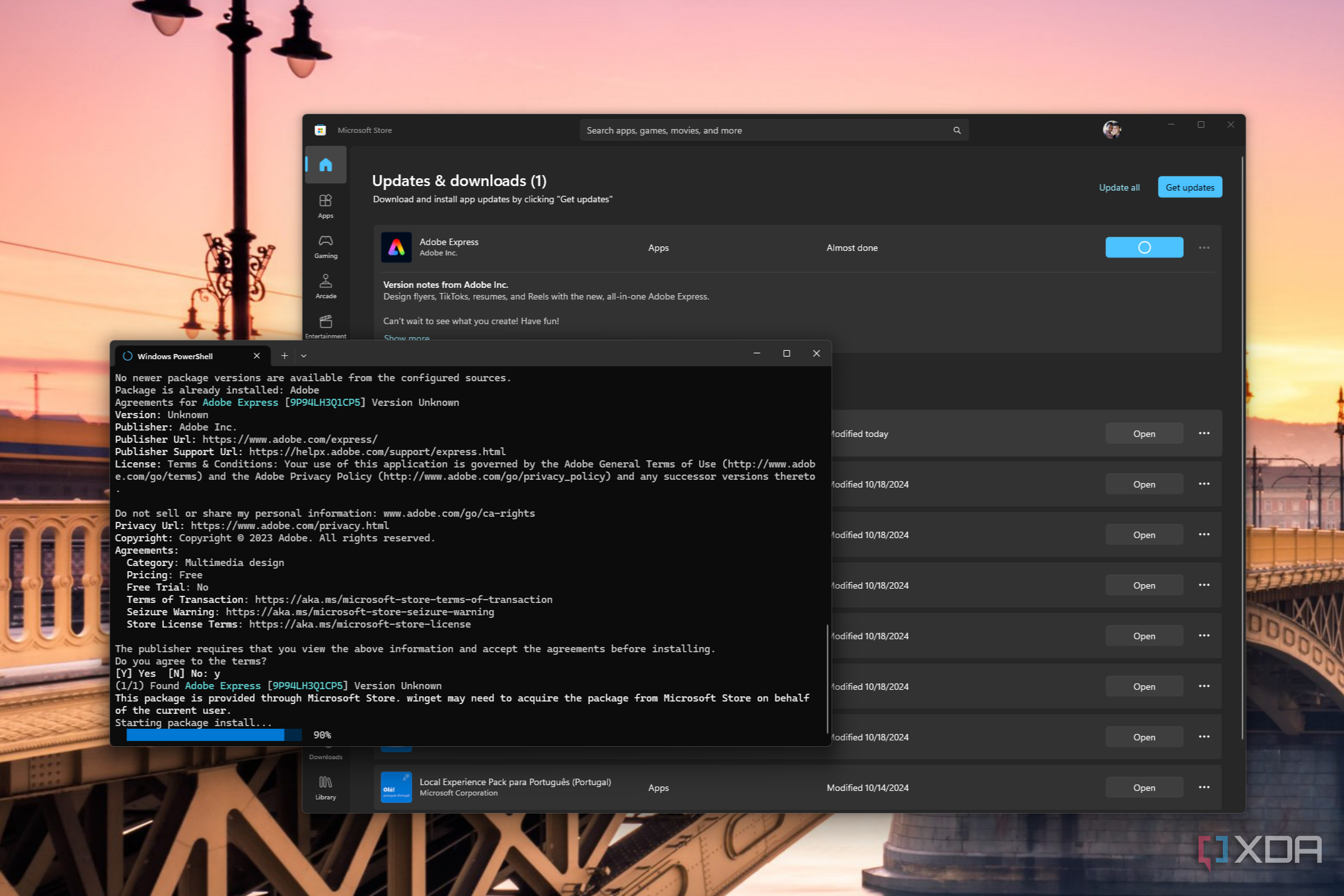Screenshot of Windows Terminal installing a Microsoft Store app next to the Store itself showing the installation in progress